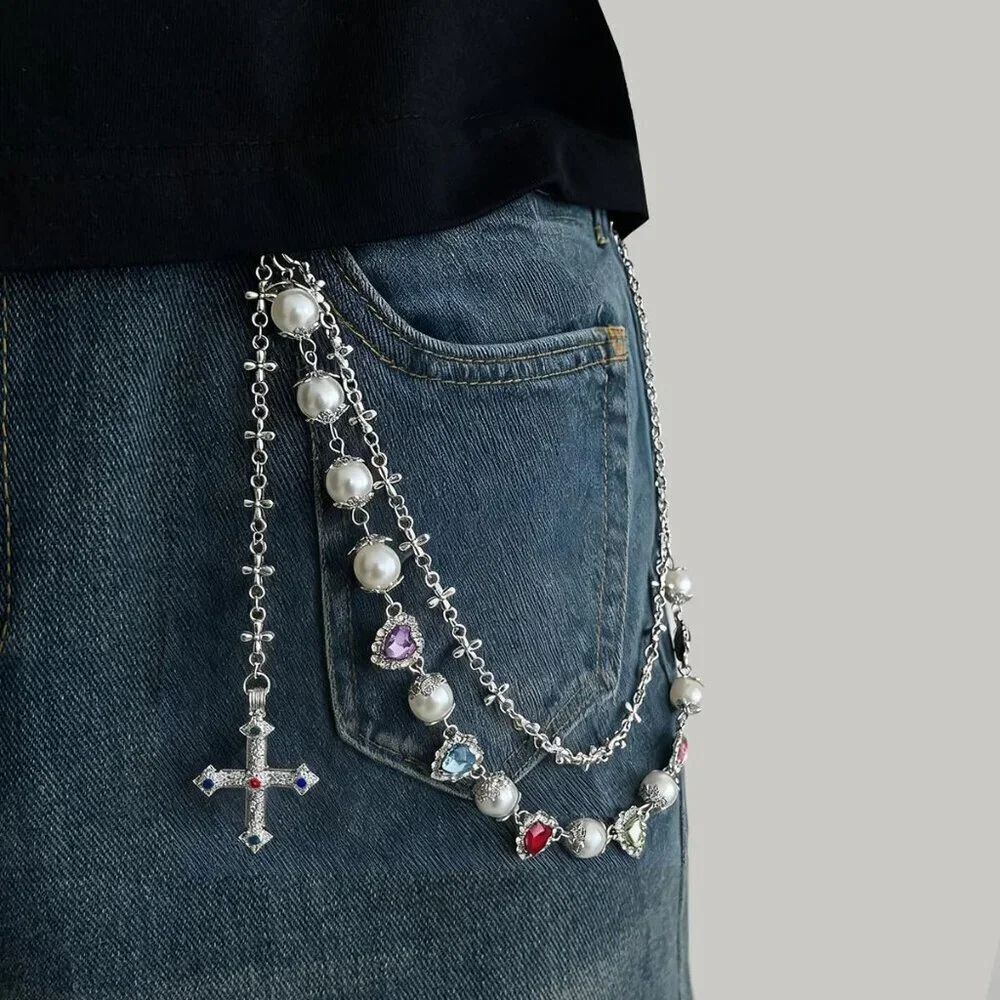 Silver Pants Chain Metal Dainty Trendy Pearl Heart Rhinestone Biker Punk Jewelry